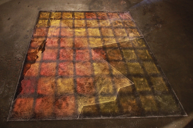 Data stained glass showing projected impact of climate change on Middle East (stained glass, chalk, light). Data originally sourced from http://www.climatewizard.org