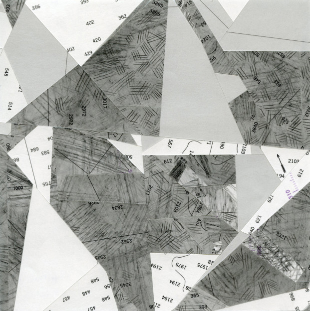 Compression 3, graphite on cut and seamed nautical charts, 6" x 6", 2016